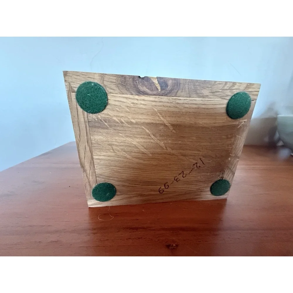 Vintage Oak Wood Carved Box Handmade Folk Art Jewelry Storage lined W/Velvet  6